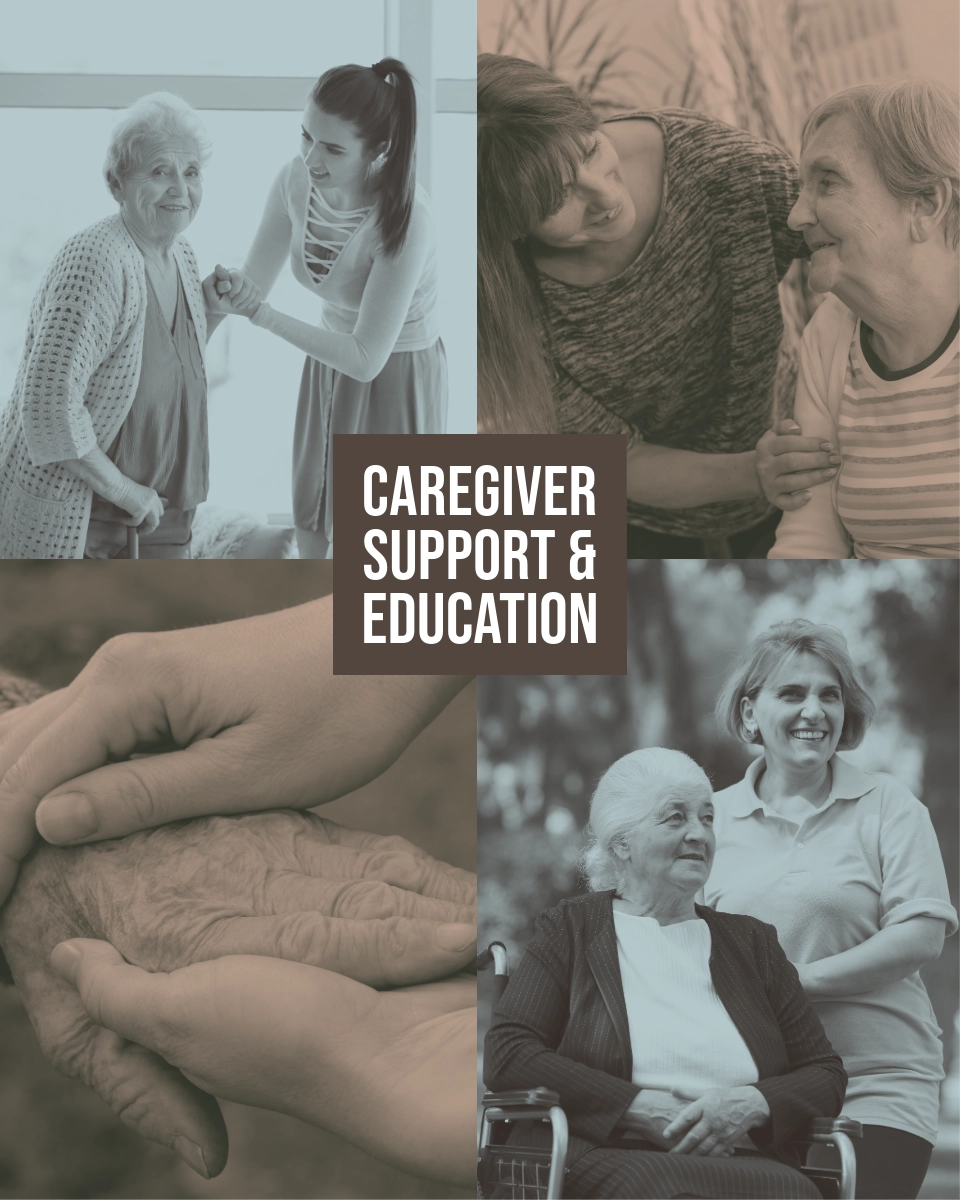 A collage of four compassionate caregiving scenes surrounds a central banner reading “Caregiver Support & Education,” showing caregivers assisting and comforting older adults.