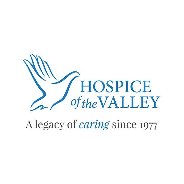 Hospice of the Valley logo featuring a simple blue line drawing of hand in the shape of a dove.