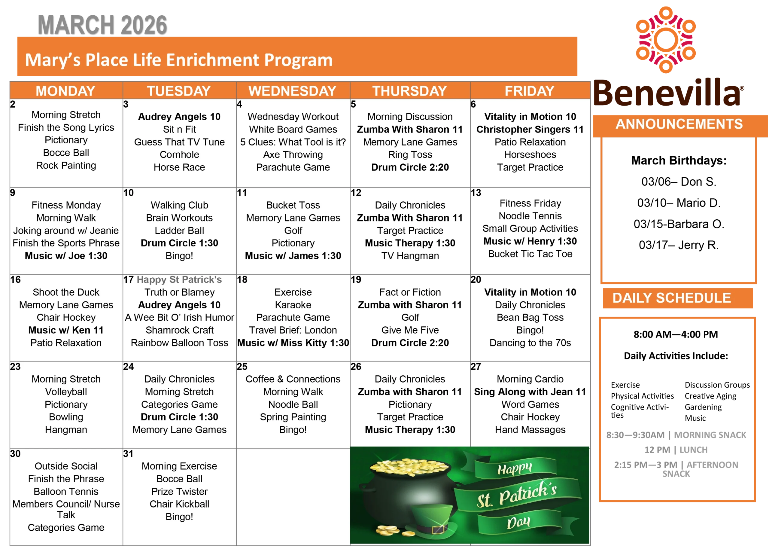 March 2026 activity calendar for Mary’s Place Life Enrichment adult day program, featuring daily activities such as music therapy, Zumba with Sharon, drum circle, walking club, games, crafts, fitness sessions, and a St. Patrick’s Day celebration, with Benevilla branding and announcements section on the right.