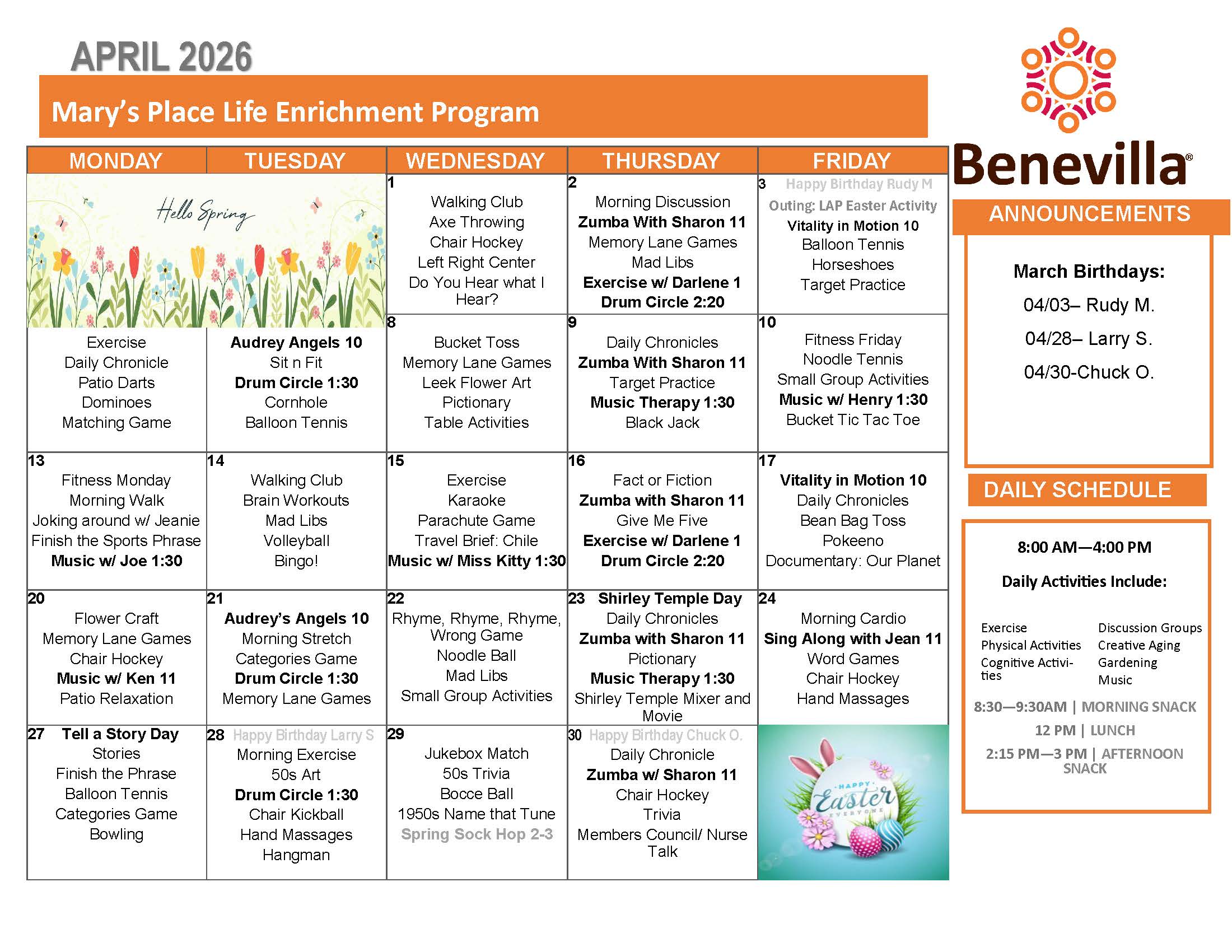 April 2026 activity calendar for Mary’s Place Life Enrichment adult day program, featuring daily activities such as music therapy, Zumba with Sharon, drum circle, walking club, games, crafts, fitness sessions, and a St. Patrick’s Day celebration, with Benevilla branding and announcements section on the right.