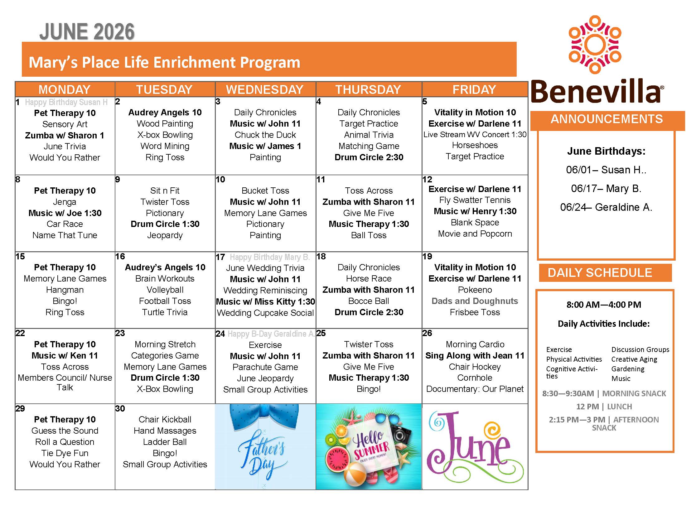 May 2026 activity calendar for Mary’s Place Life Enrichment adult day program, featuring daily activities such as music therapy, Zumba with Sharon, drum circle, walking club, games, crafts, fitness sessions, and a St. Patrick’s Day celebration, with Benevilla branding and announcements section on the right.