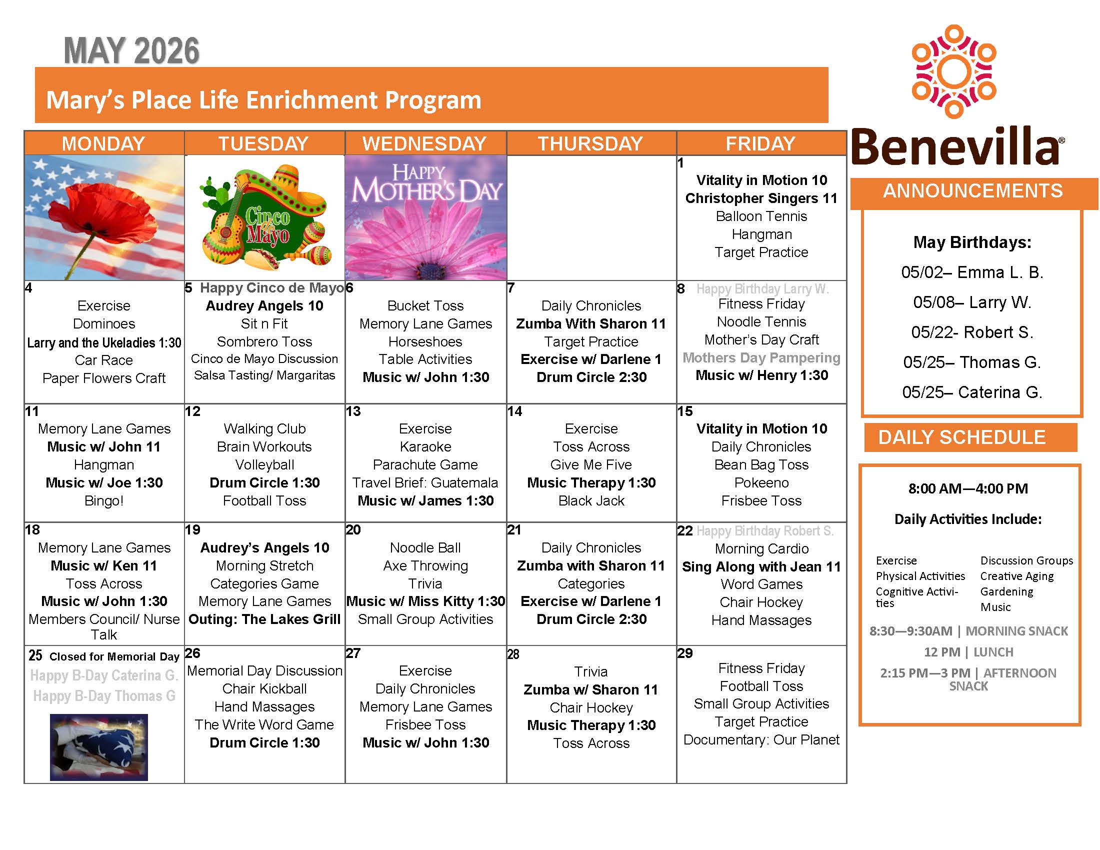 May 2026 activity calendar for Mary’s Place Life Enrichment adult day program, featuring daily activities such as music therapy, Zumba with Sharon, drum circle, walking club, games, crafts, fitness sessions, and a St. Patrick’s Day celebration, with Benevilla branding and announcements section on the right.