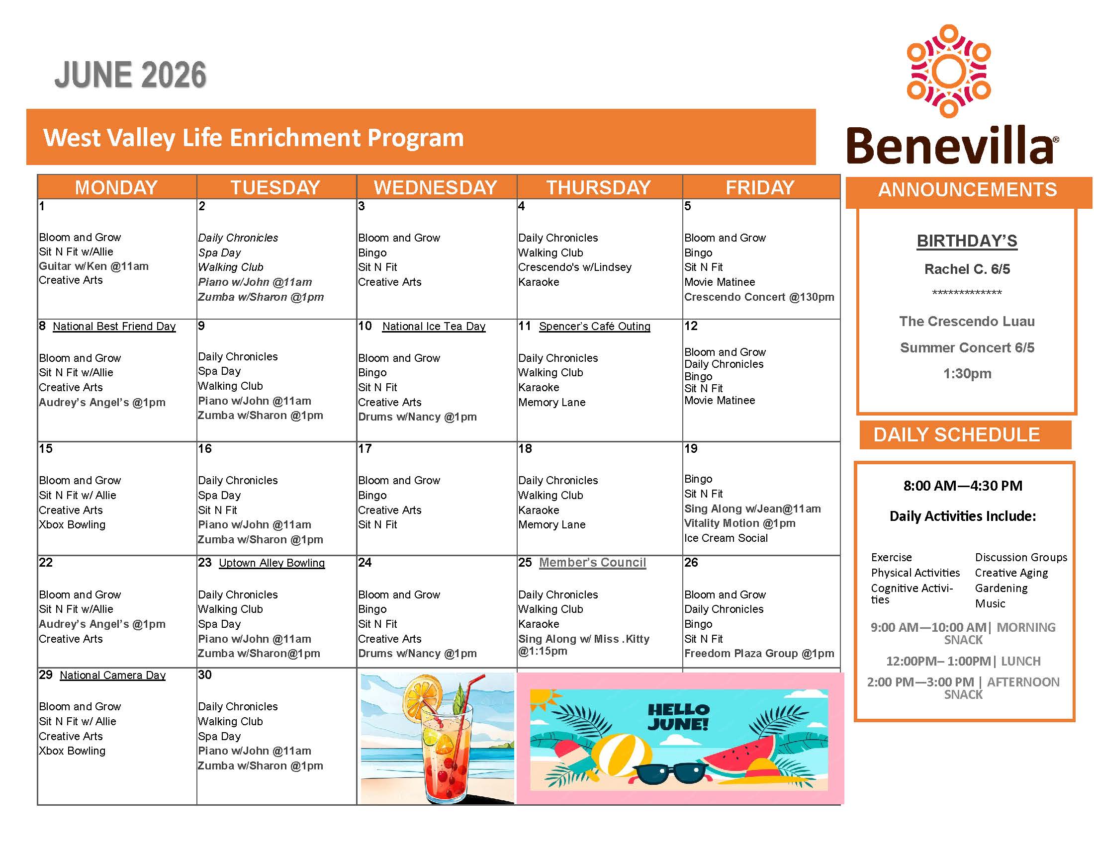 West Valley Activity Calendar