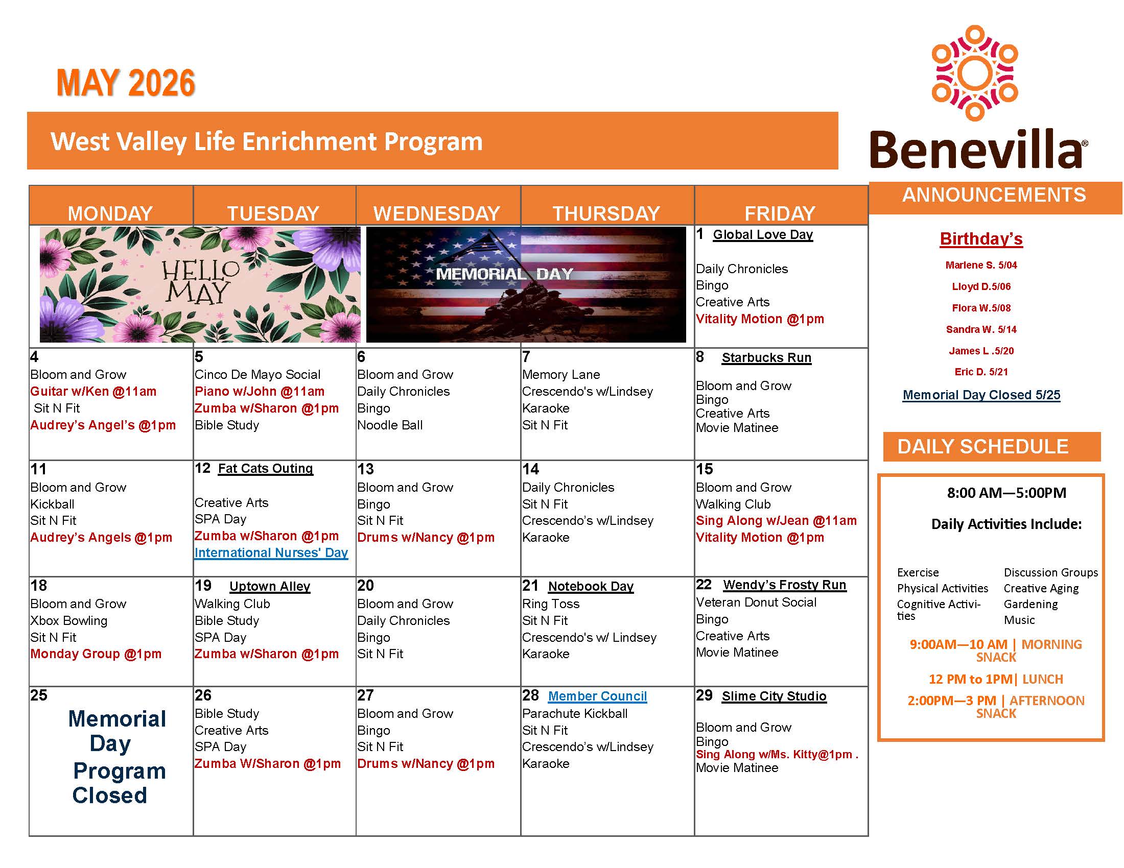 West Valley Activity Calendar